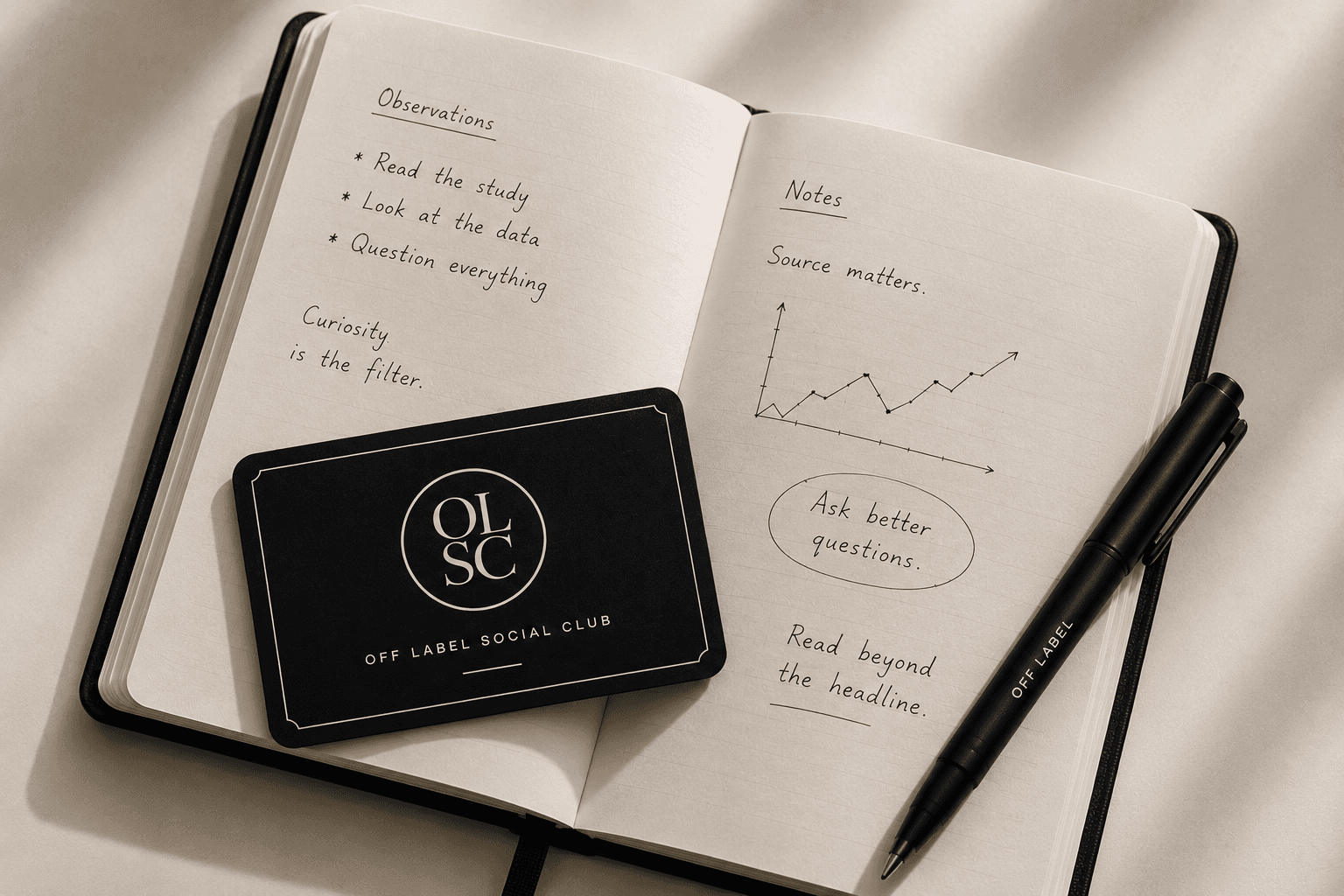 Open notebook with Off Label Social Club notes, card, and pen